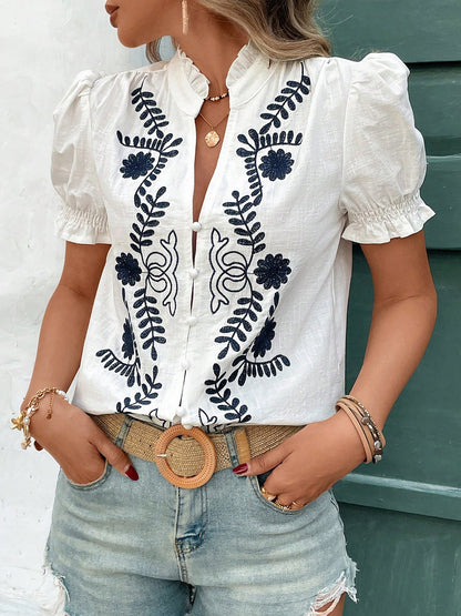 Floral Embroidered Rufffled Short Sleeve Blouse