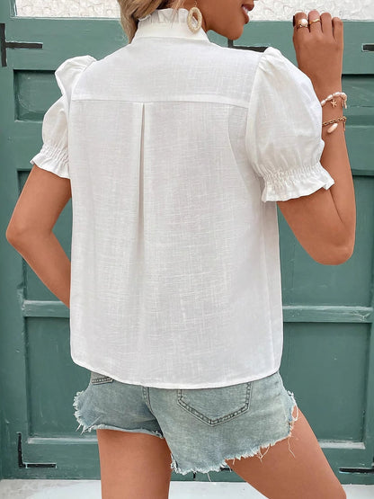 Floral Embroidered Rufffled Short Sleeve Blouse