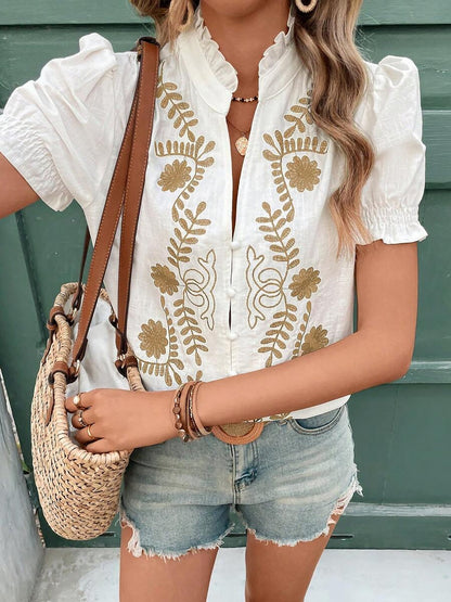 Floral Embroidered Rufffled Short Sleeve Blouse