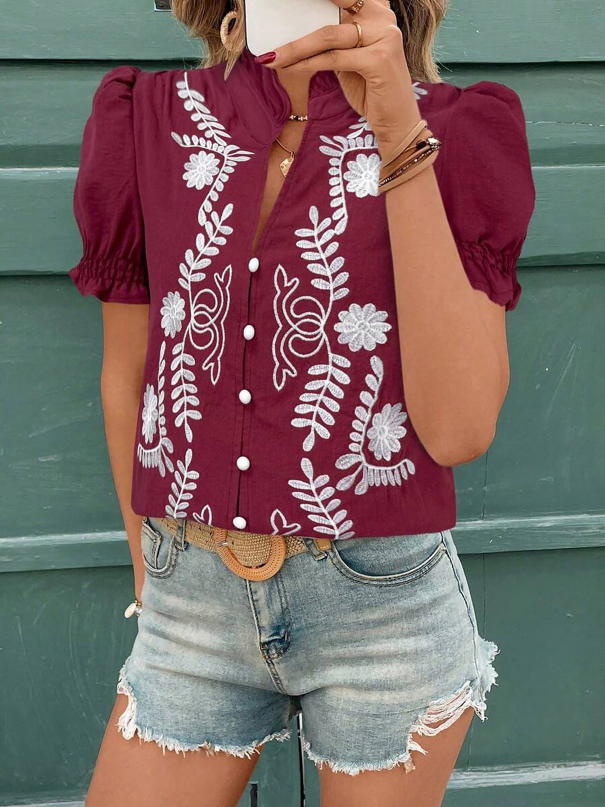 Floral Embroidered Rufffled Short Sleeve Blouse