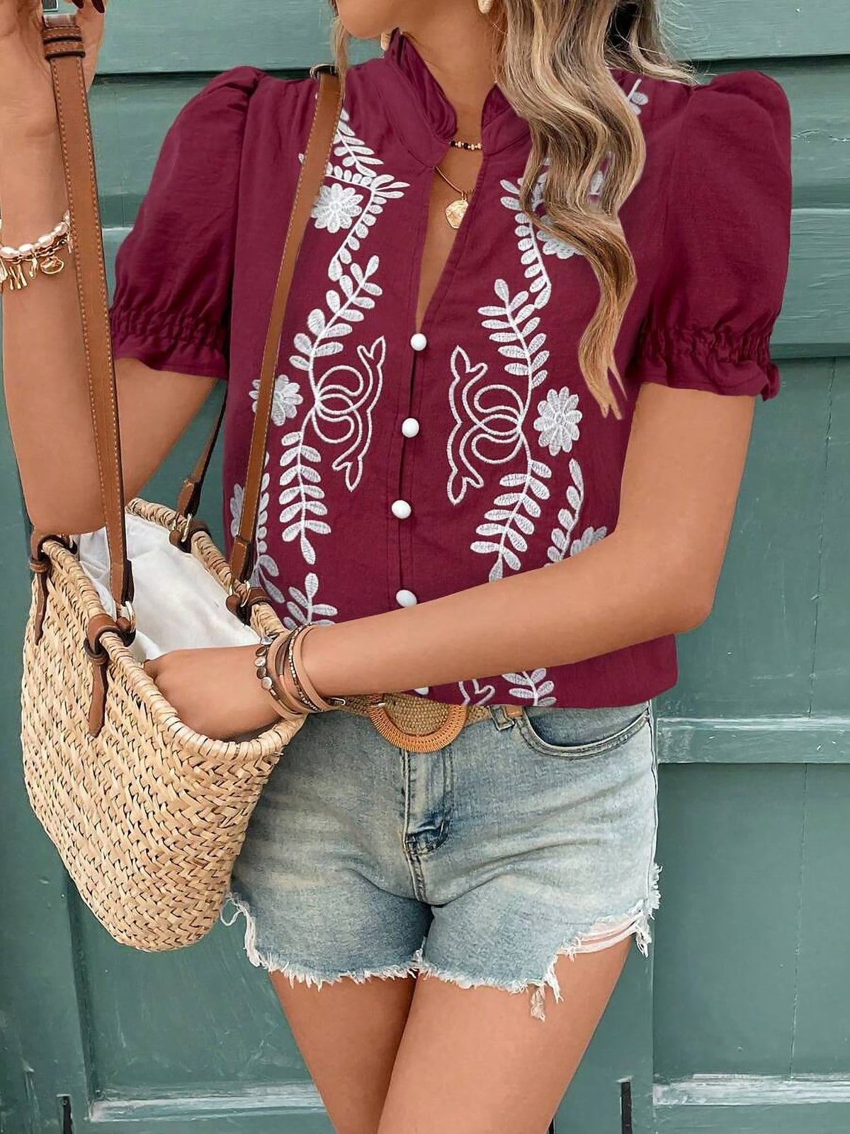Floral Embroidered Rufffled Short Sleeve Blouse