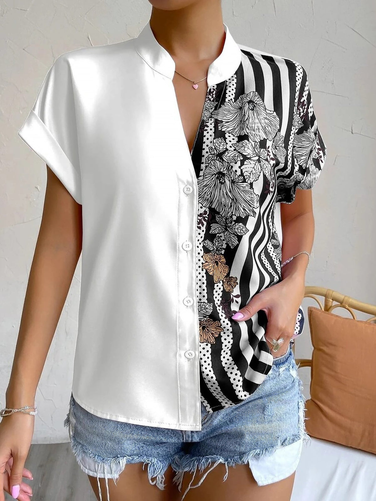 Floral Button Down Short Sleeves Casual Blouse