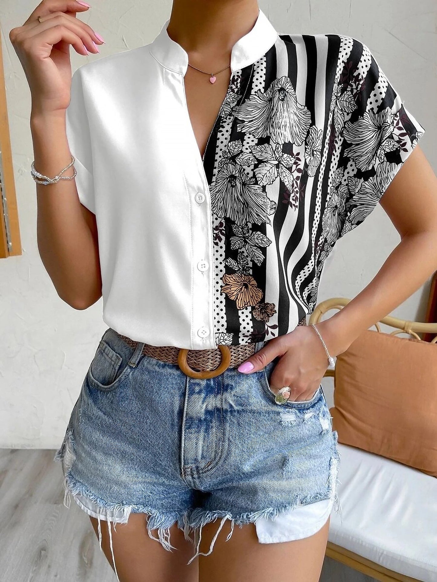 Floral Button Down Short Sleeves Casual Blouse