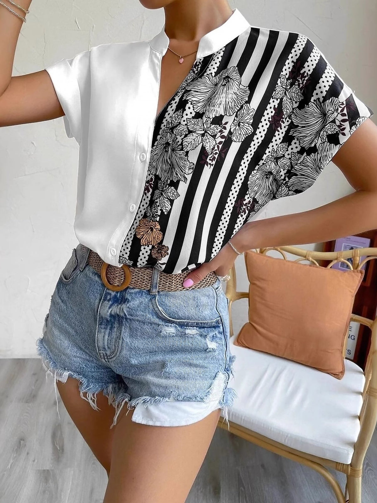 Floral Button Down Short Sleeves Casual Blouse