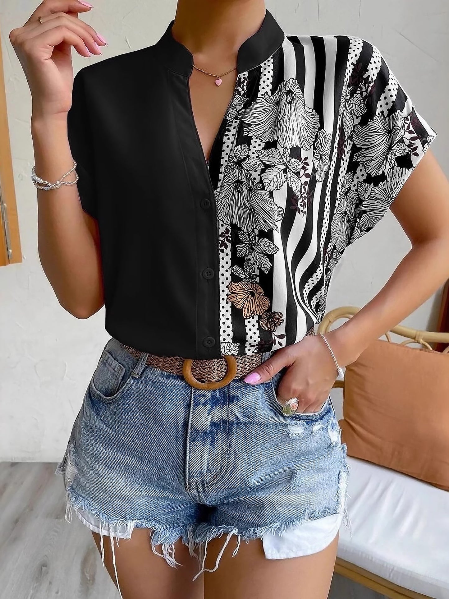 Floral Button Down Short Sleeves Casual Blouse