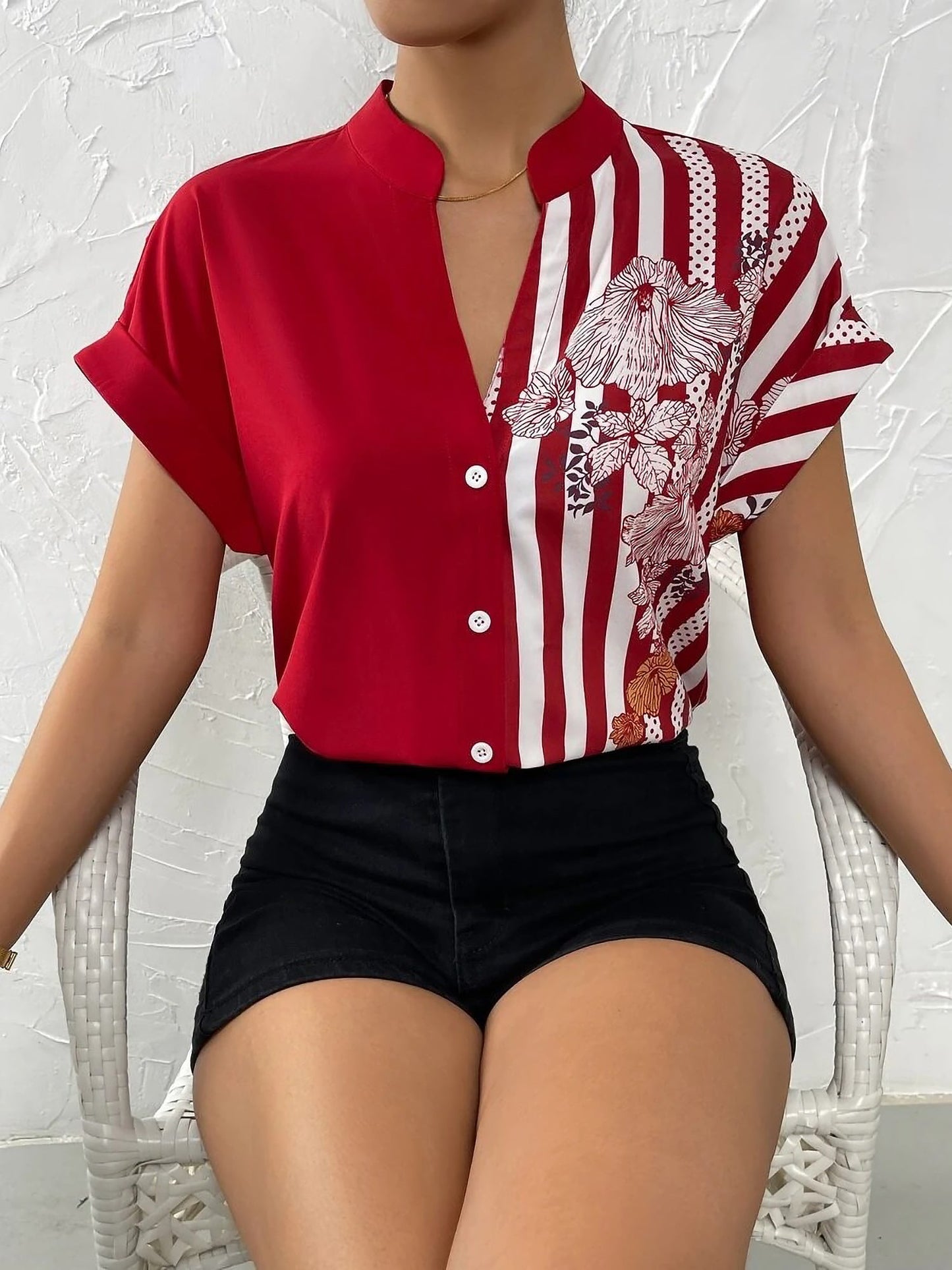 Floral Button Down Short Sleeves Casual Blouse