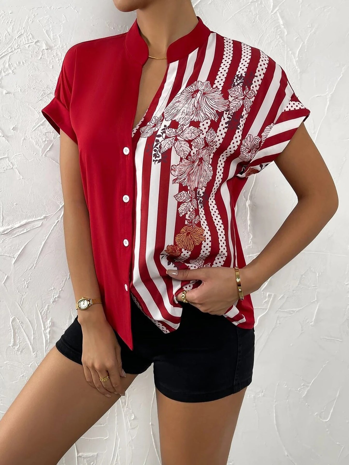 Floral Button Down Short Sleeves Casual Blouse