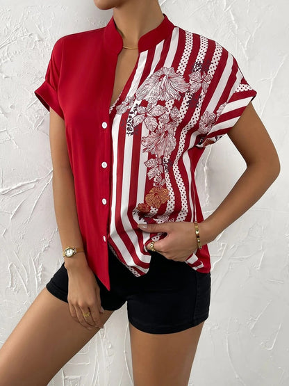Floral Button Down Short Sleeves Casual Blouse