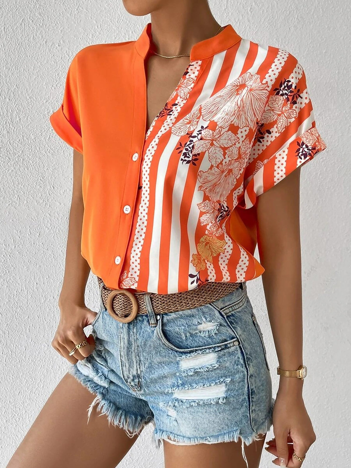 Floral Button Down Short Sleeves Casual Blouse