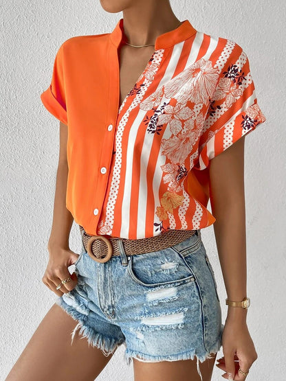 Floral Button Down Short Sleeves Casual Blouse