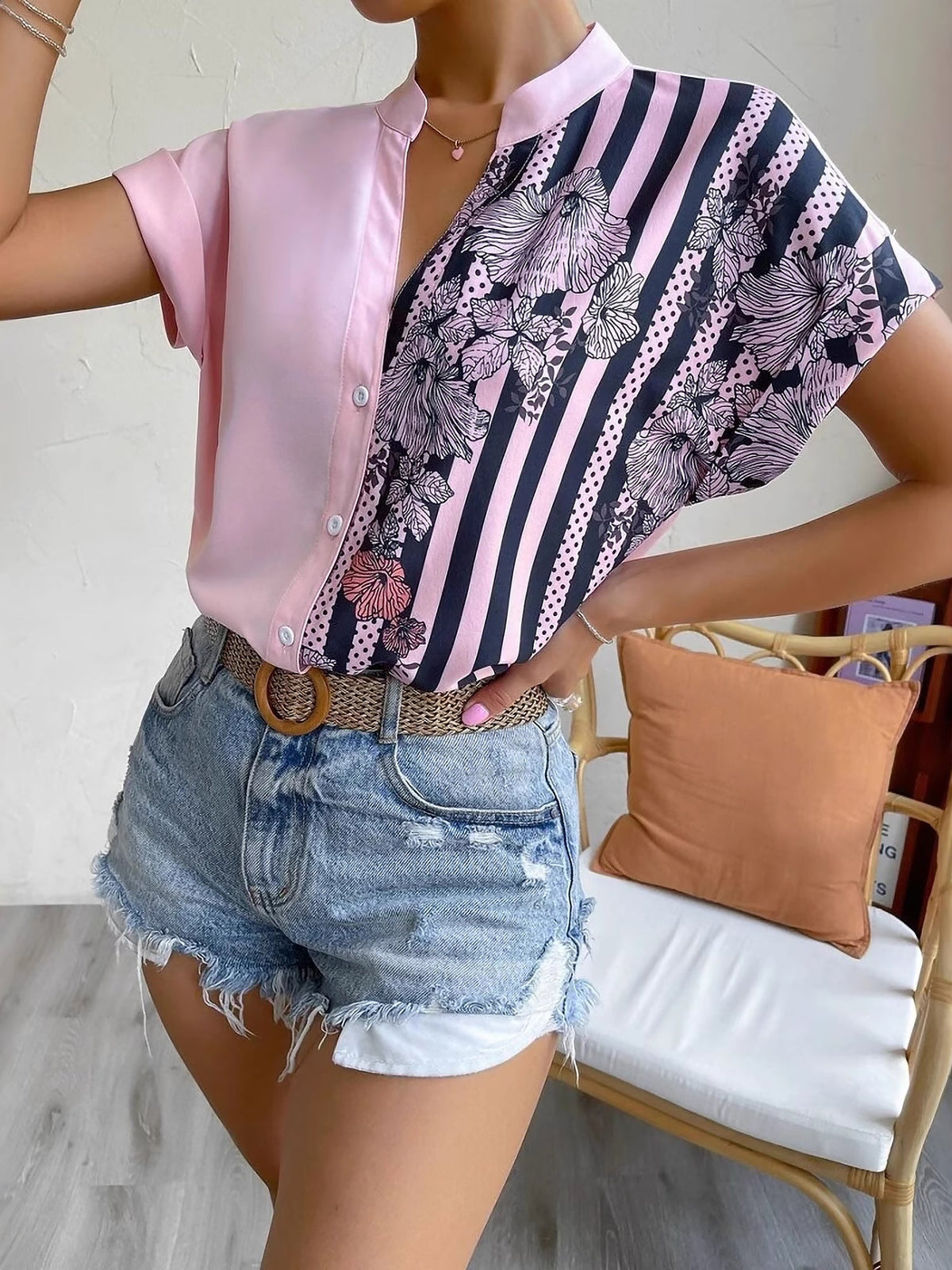 Floral Button Down Short Sleeves Casual Blouse