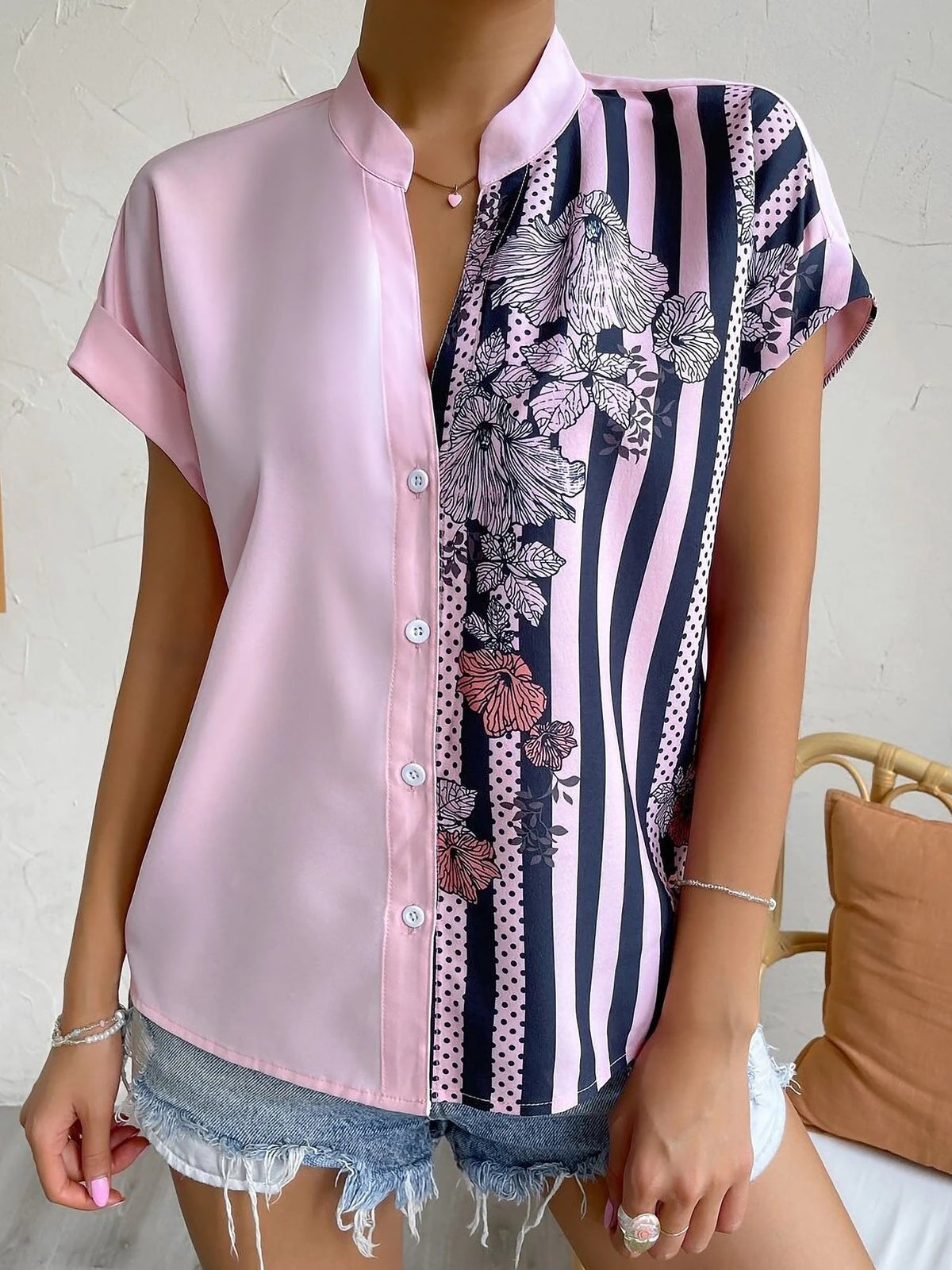 Floral Button Down Short Sleeves Casual Blouse