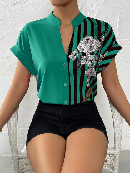 Floral Button Down Short Sleeves Casual Blouse
