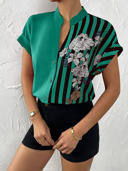 Floral Button Down Short Sleeves Casual Blouse