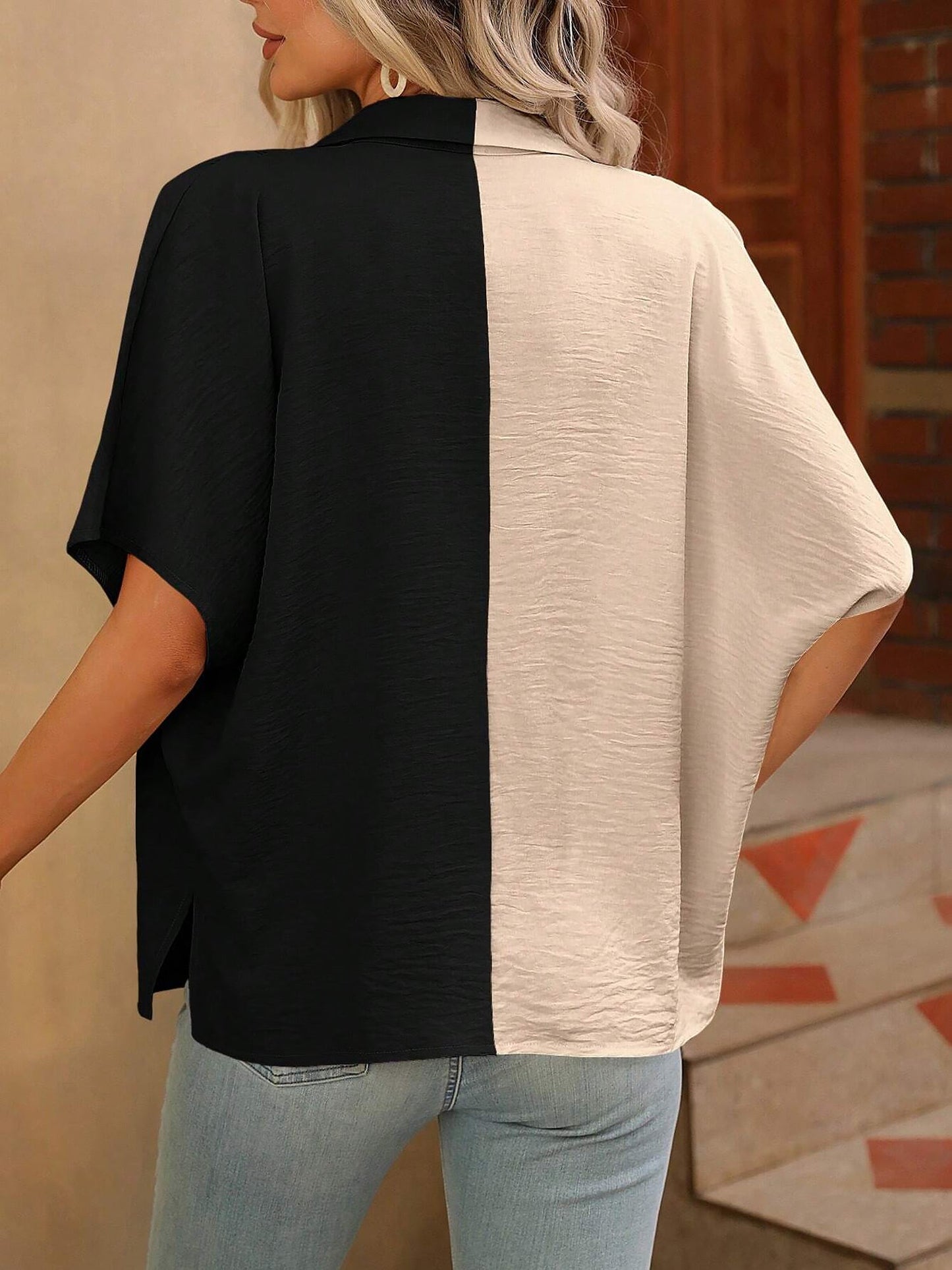 Colorblock Button Down Short Sleeves Casual Blouse