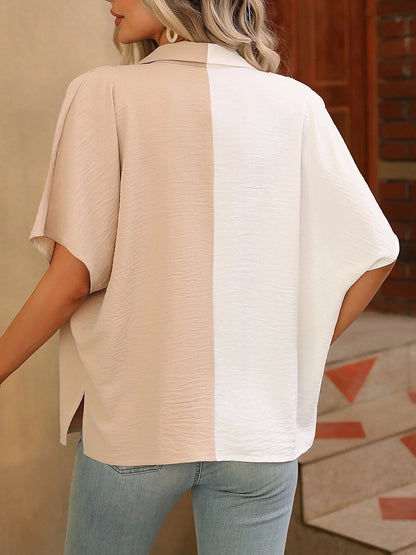 Colorblock Button Down Short Sleeves Casual Blouse
