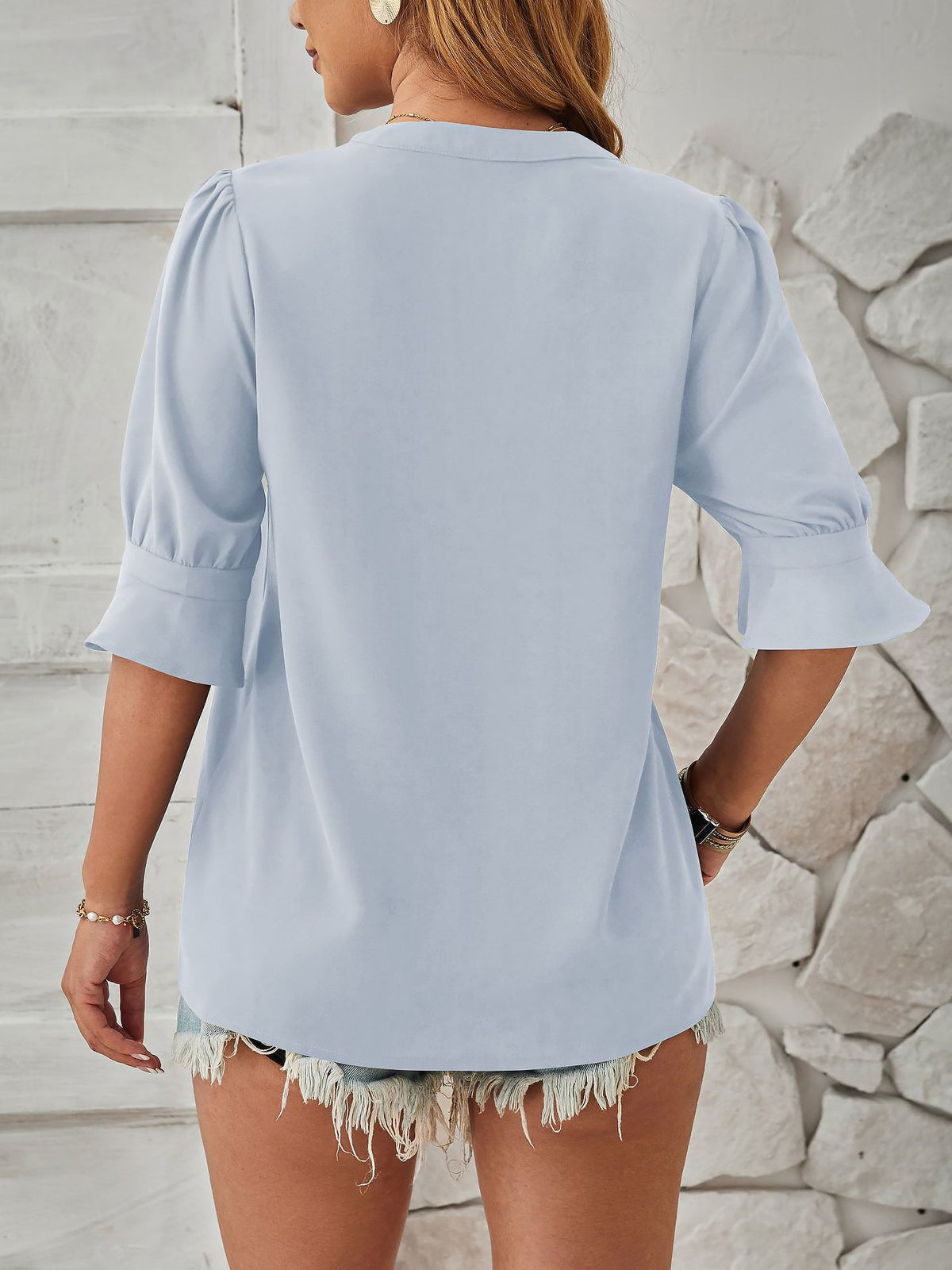 Solid Color V Neck 3/4 Sleeve Casual Blouse