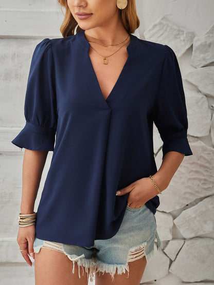 Solid Color V Neck 3/4 Sleeve Casual Blouse