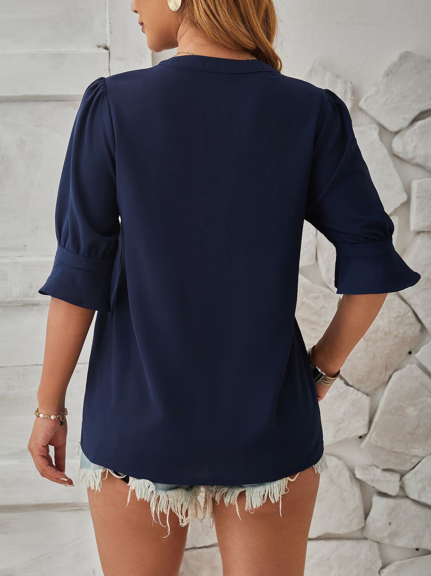 Solid Color V Neck 3/4 Sleeve Casual Blouse