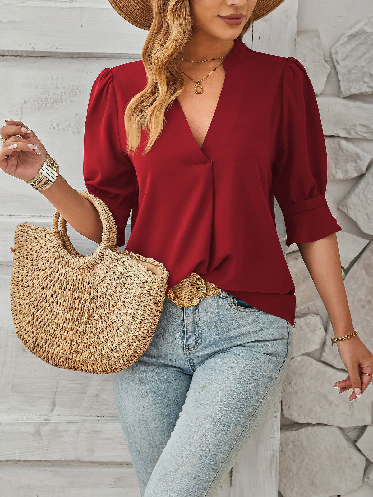 Solid Color V Neck 3/4 Sleeve Casual Blouse