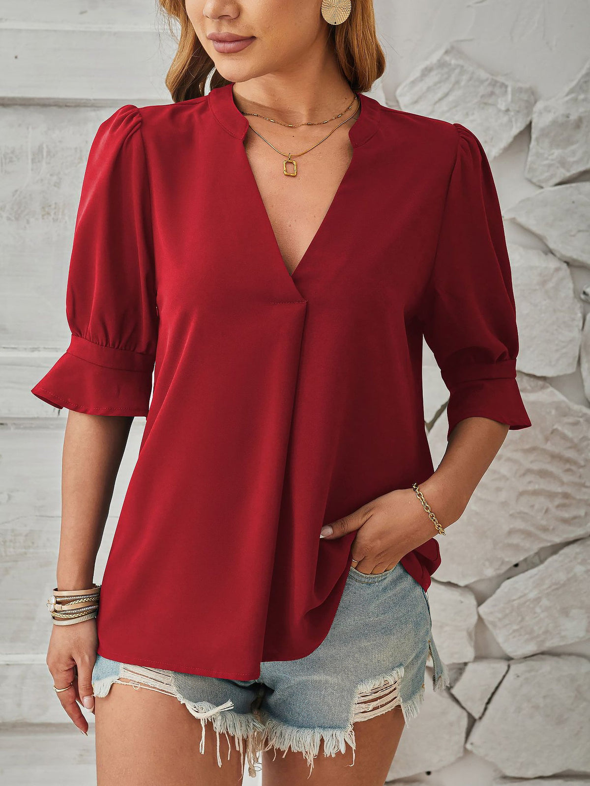 Solid Color V Neck 3/4 Sleeve Casual Blouse