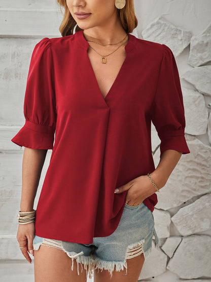 Solid Color V Neck 3/4 Sleeve Casual Blouse