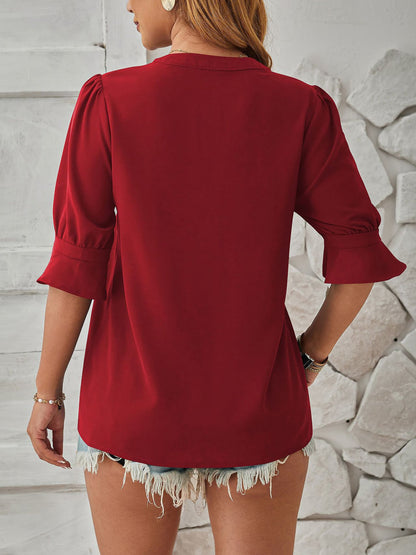 Solid Color V Neck 3/4 Sleeve Casual Blouse