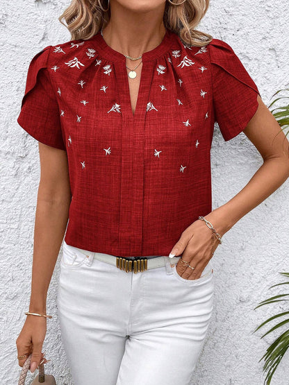Notch Neck Embroidered Floral Casual Blouse