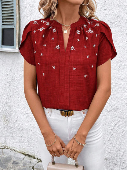 Notch Neck Embroidered Floral Casual Blouse