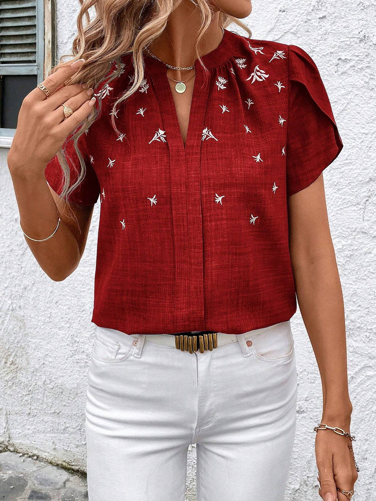 Notch Neck Embroidered Floral Casual Blouse