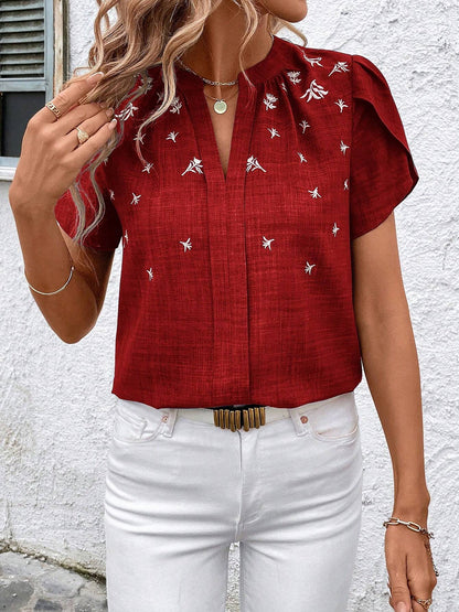 Notch Neck Embroidered Floral Casual Blouse