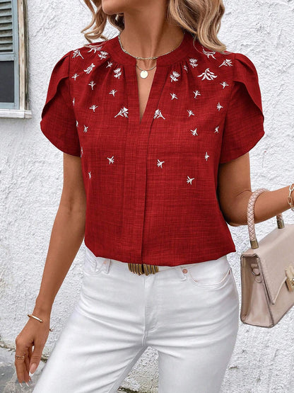 Notch Neck Embroidered Floral Casual Blouse