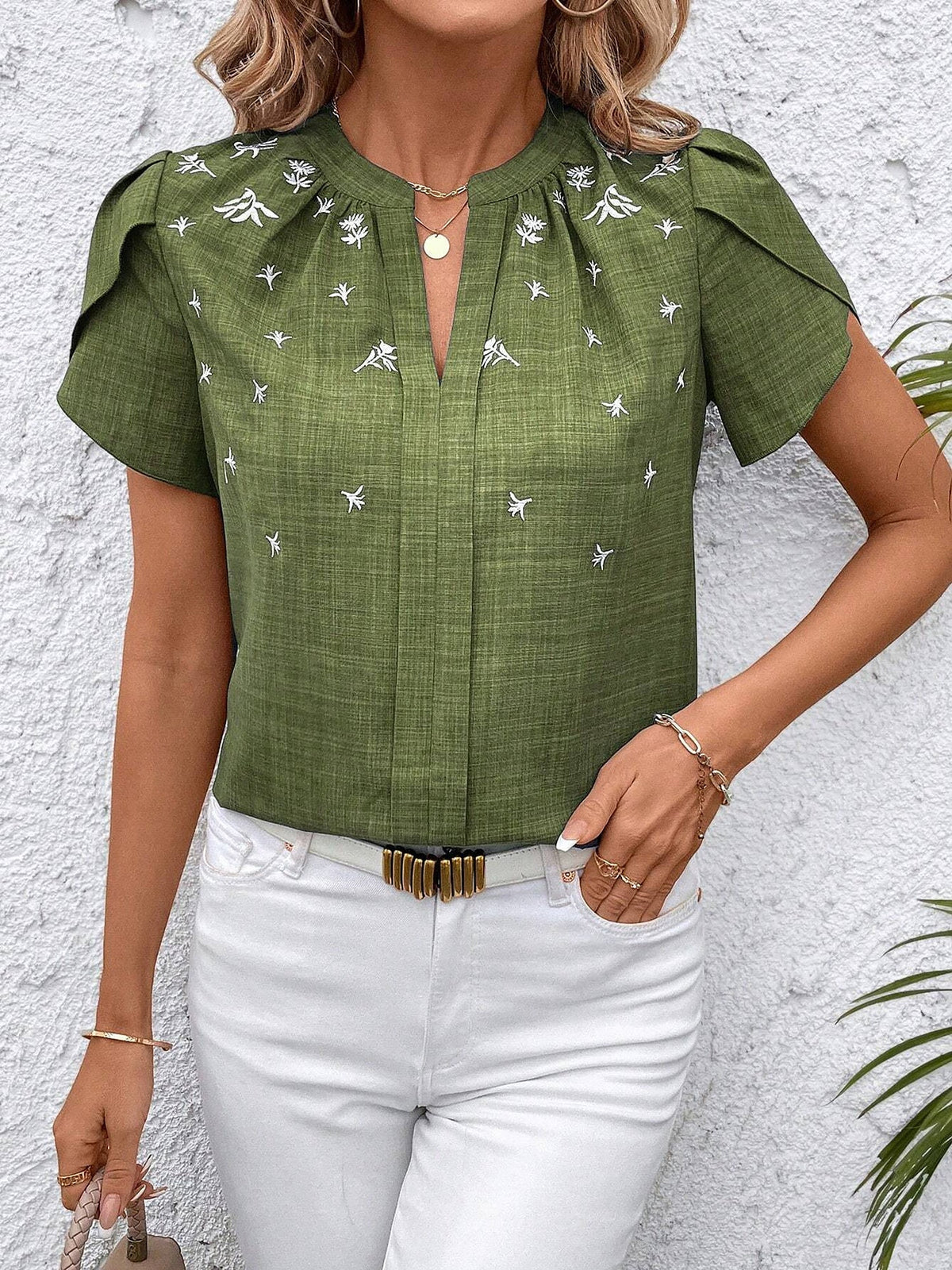 Notch Neck Embroidered Floral Casual Blouse