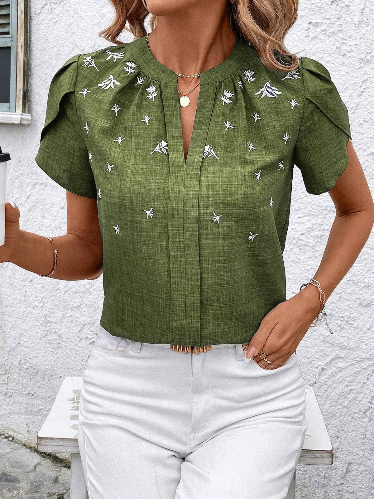 Notch Neck Embroidered Floral Casual Blouse