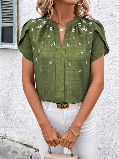 Notch Neck Embroidered Floral Casual Blouse