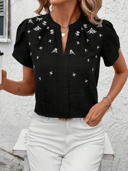 Notch Neck Embroidered Floral Casual Blouse