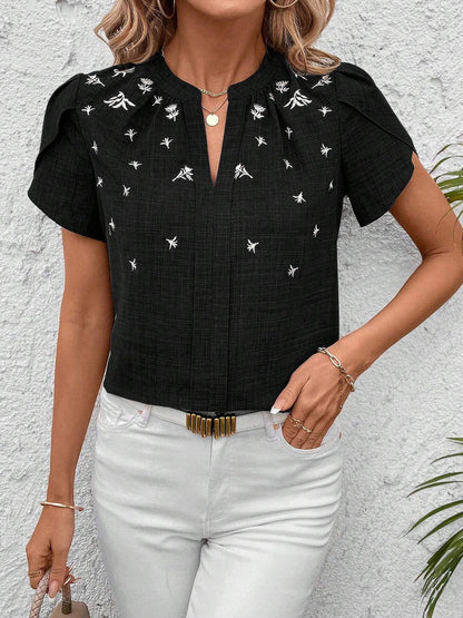 Notch Neck Embroidered Floral Casual Blouse