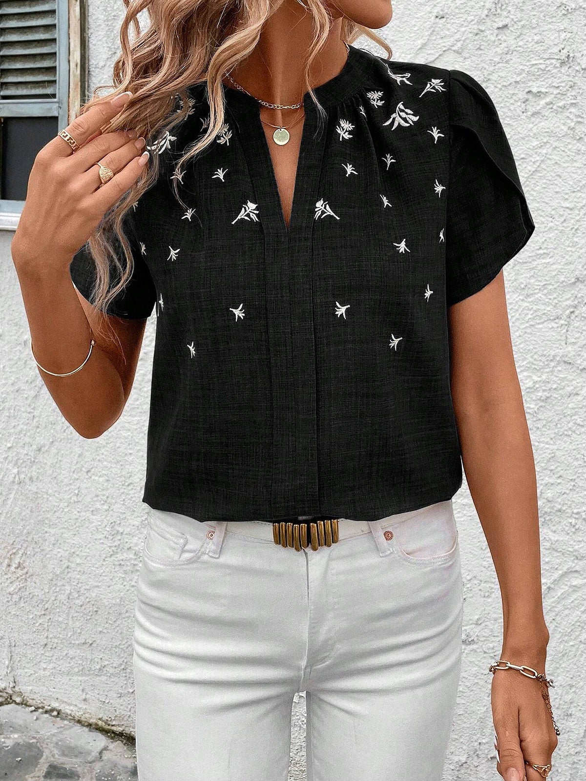 Notch Neck Embroidered Floral Casual Blouse
