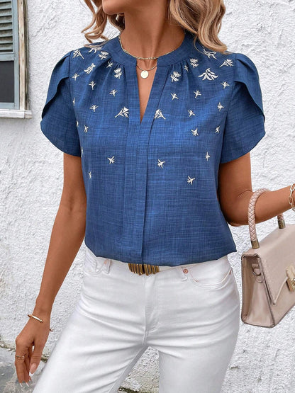 Notch Neck Embroidered Floral Casual Blouse