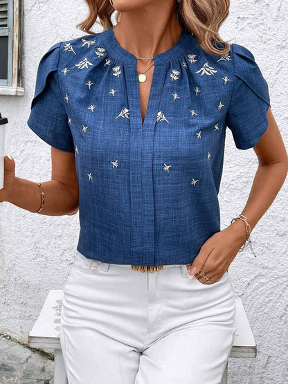 Notch Neck Embroidered Floral Casual Blouse