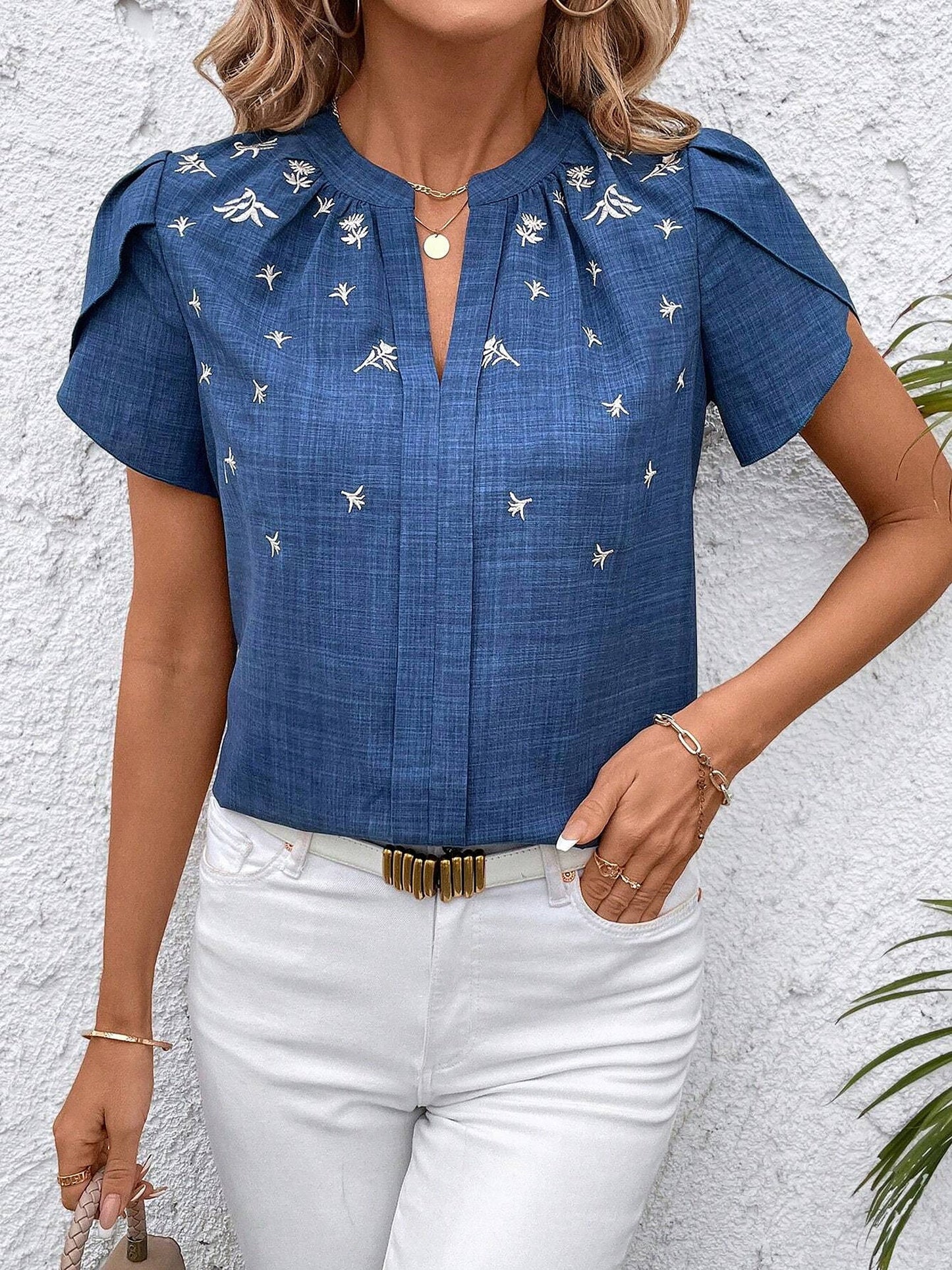 Notch Neck Embroidered Floral Casual Blouse