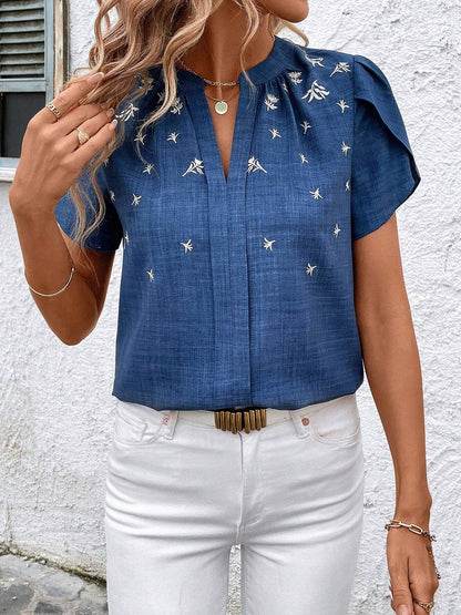 Notch Neck Embroidered Floral Casual Blouse