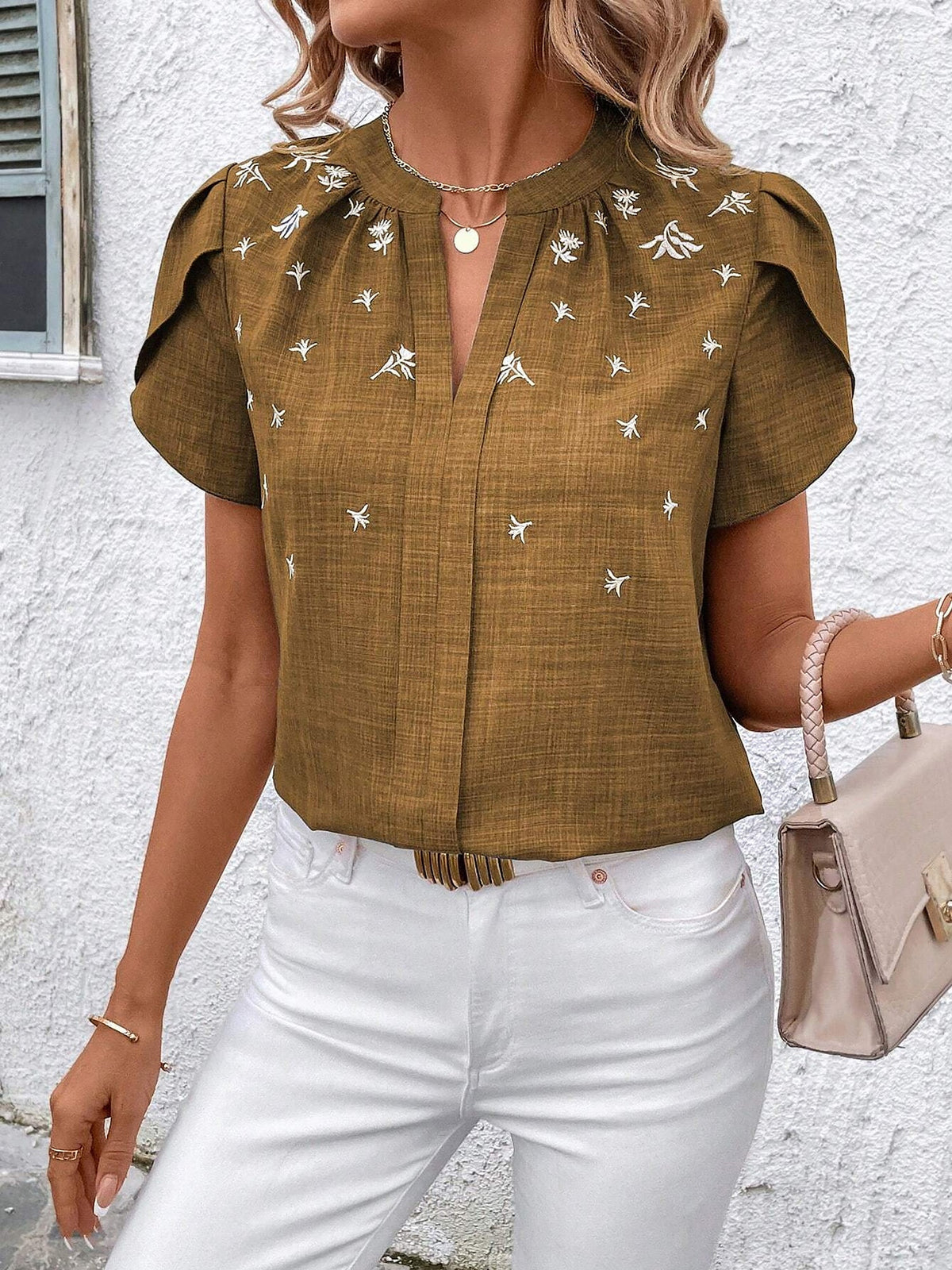 Notch Neck Embroidered Floral Casual Blouse