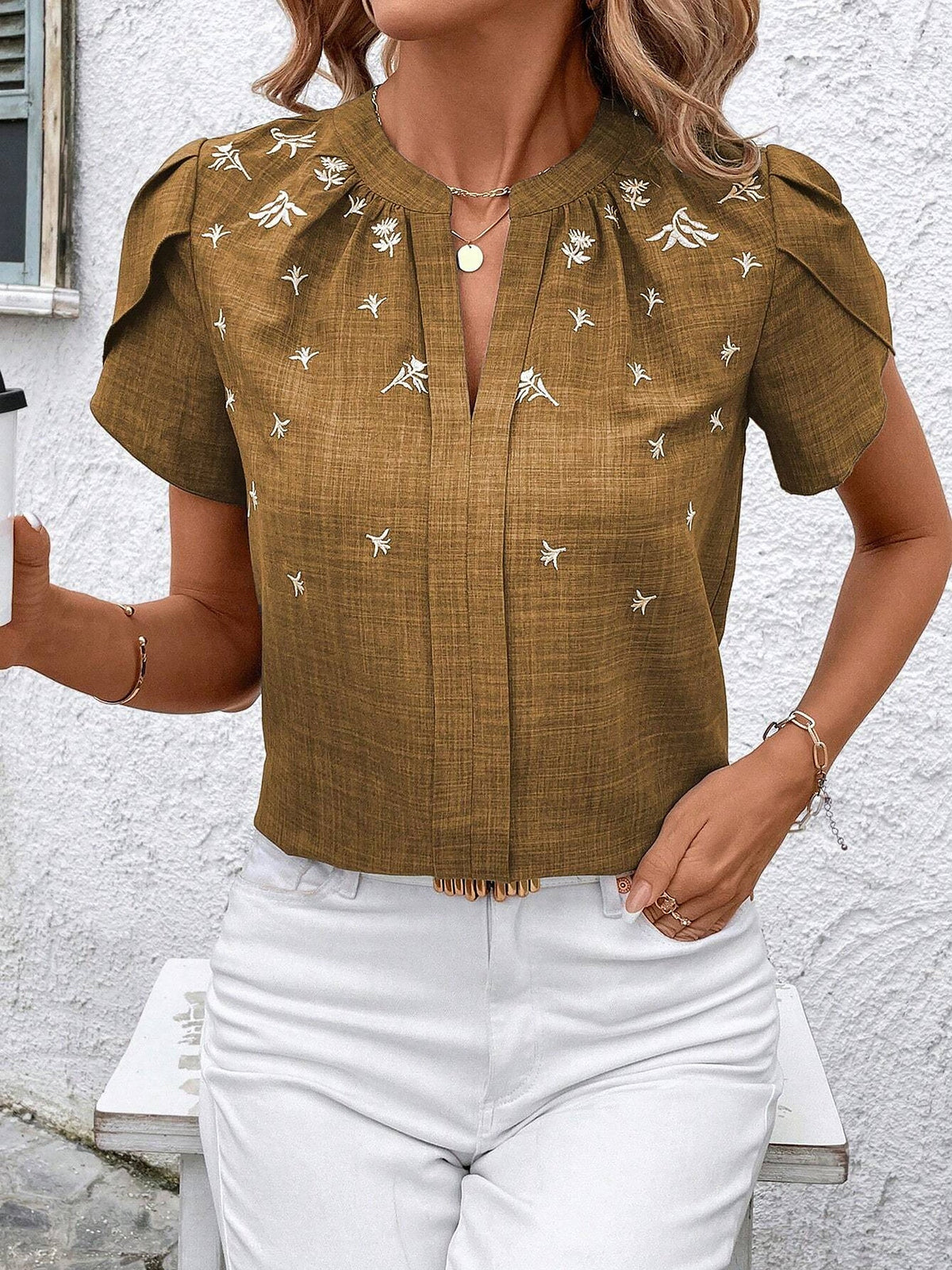Notch Neck Embroidered Floral Casual Blouse