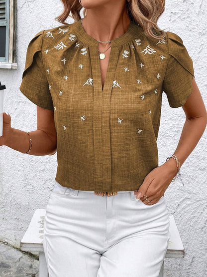 Notch Neck Embroidered Floral Casual Blouse