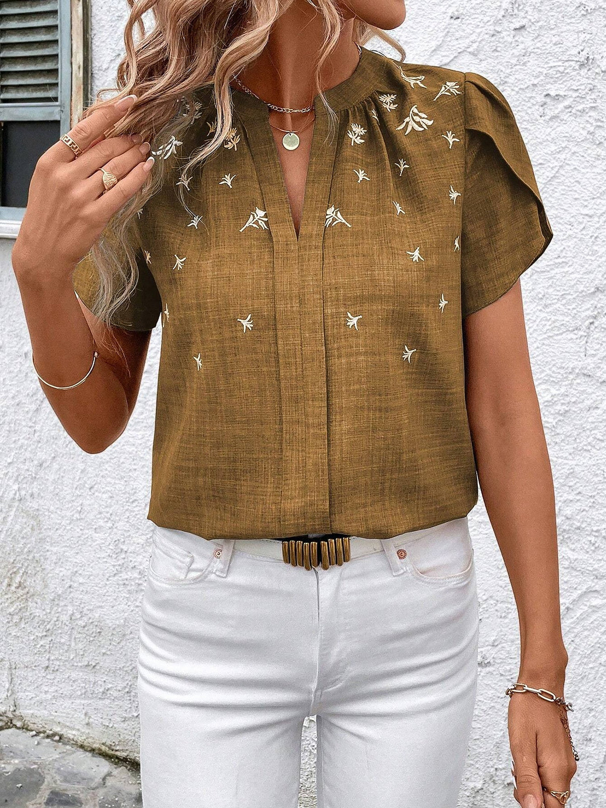 Notch Neck Embroidered Floral Casual Blouse