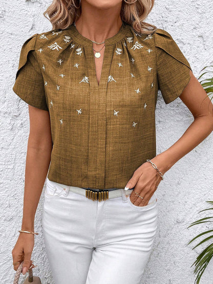 Notch Neck Embroidered Floral Casual Blouse