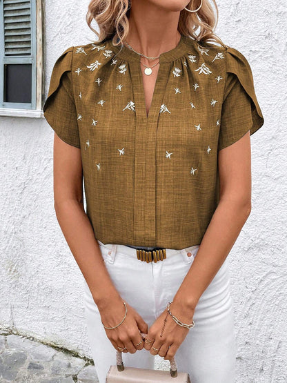 Notch Neck Embroidered Floral Casual Blouse