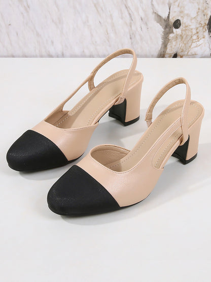 Colorblock Round Toe Chunky Heel Slingback Pumps