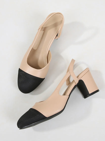 Colorblock Round Toe Chunky Heel Slingback Pumps